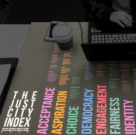 Person working on a laptop on a desk marked with text reading 'The Just City Index'.