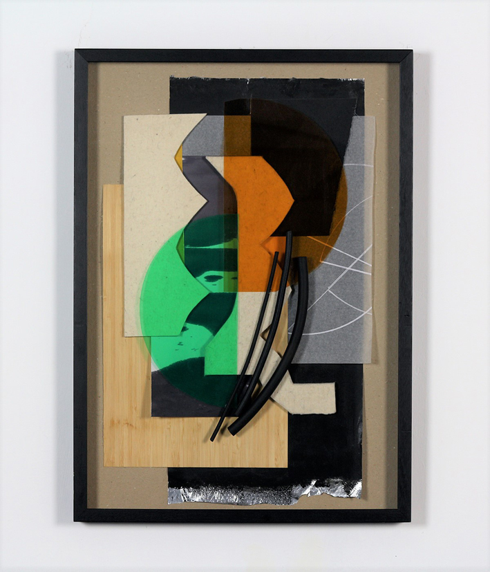 orange and green collage in a frame
