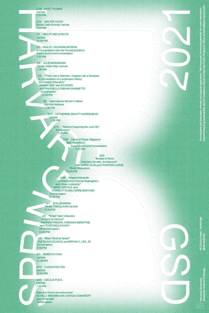 2020-2021 GSD Public Programs Spring Poster designed by Estudio Herrera.