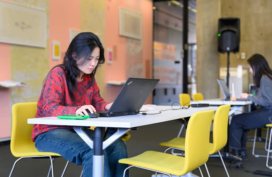 Student seated with a laptop in a study area.