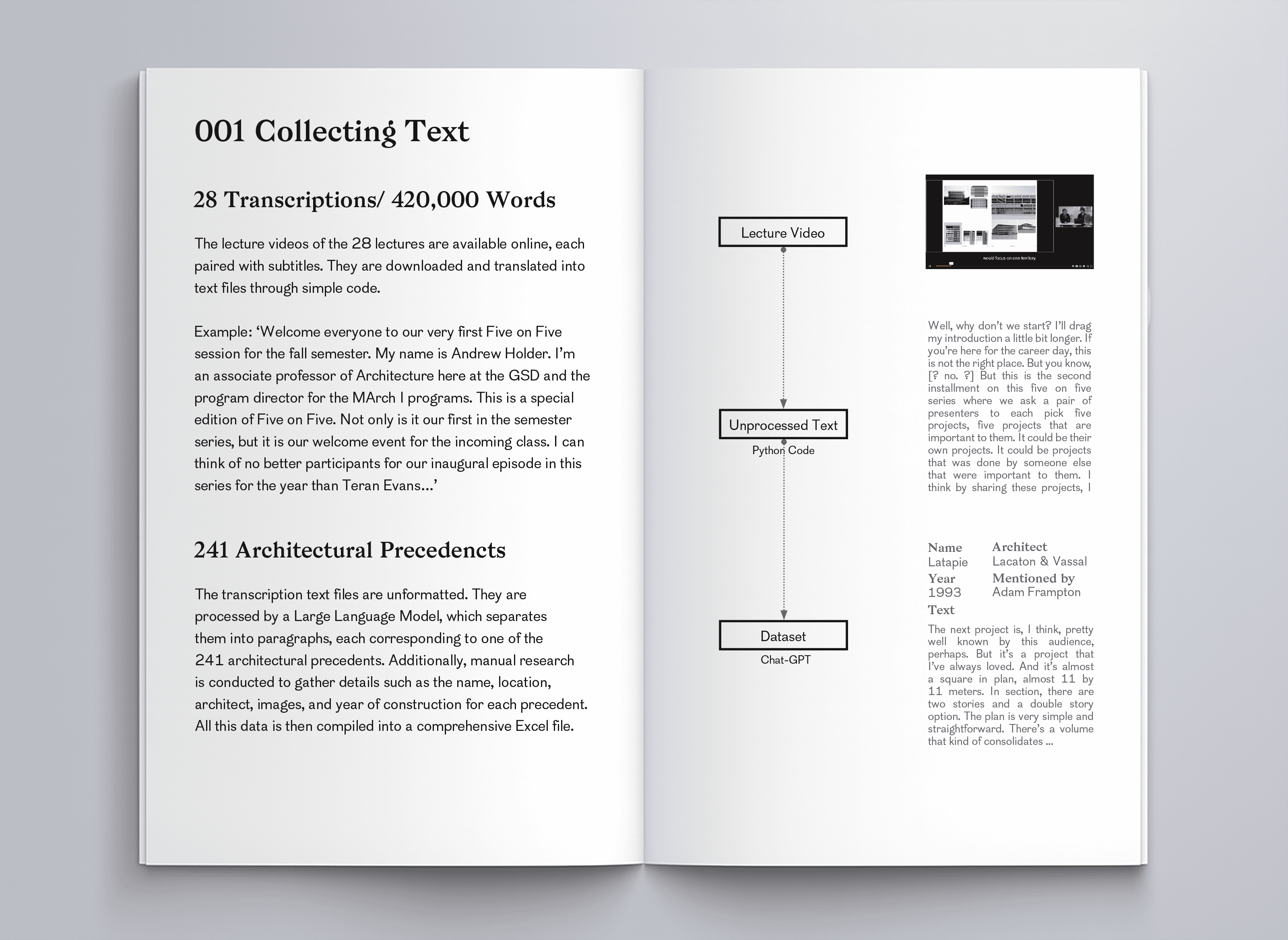 A book with text "001 Collecting Text 28 Transcriptions/ 420,000 Words The lecture videos of the 28 lectures are available online, each paired with subtitles. They are downloaded and translated into text files through simple code. Example: 'Welcome everyone to our very first Five on Five session for the fall semester. My name is Andrew Holder. I'm an associate professor of Architecture here at the GSD and the program director for the MArch I programs. This is a special edition of Five on Five. Not only is it our first in the semester series, but it is our welcome event for the incoming class. I can think of no better participants for our inaugural episode in this series for the year than Teran Evans..' 241 Architectural Precedencts The transcription text files are unformatted. They are processed by a Large Language Model, which separates them into paragraphs, each corresponding to one of the 241 architectural precedents. Additionally, manual research is conducted to gather details such as the name, location, architect, images, and year of construction for each precedent. All this data is then compiled into a comprehensive Excel file"