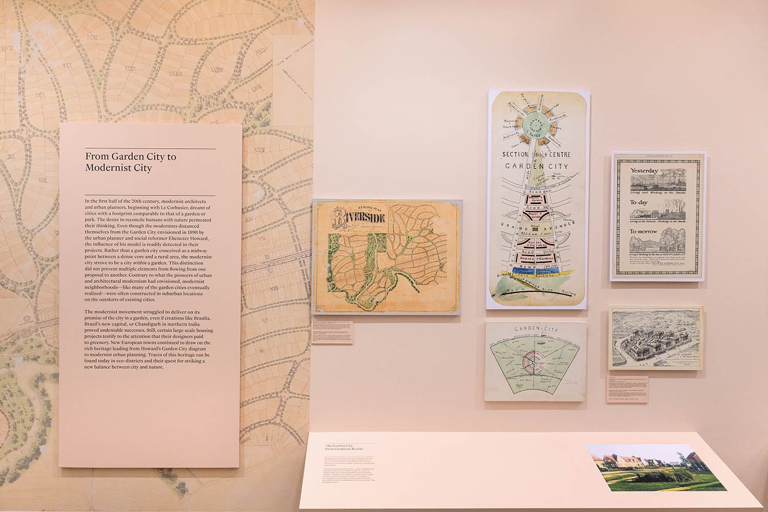 A display of Modernist plans and diagrams pertaining ot urban parks.