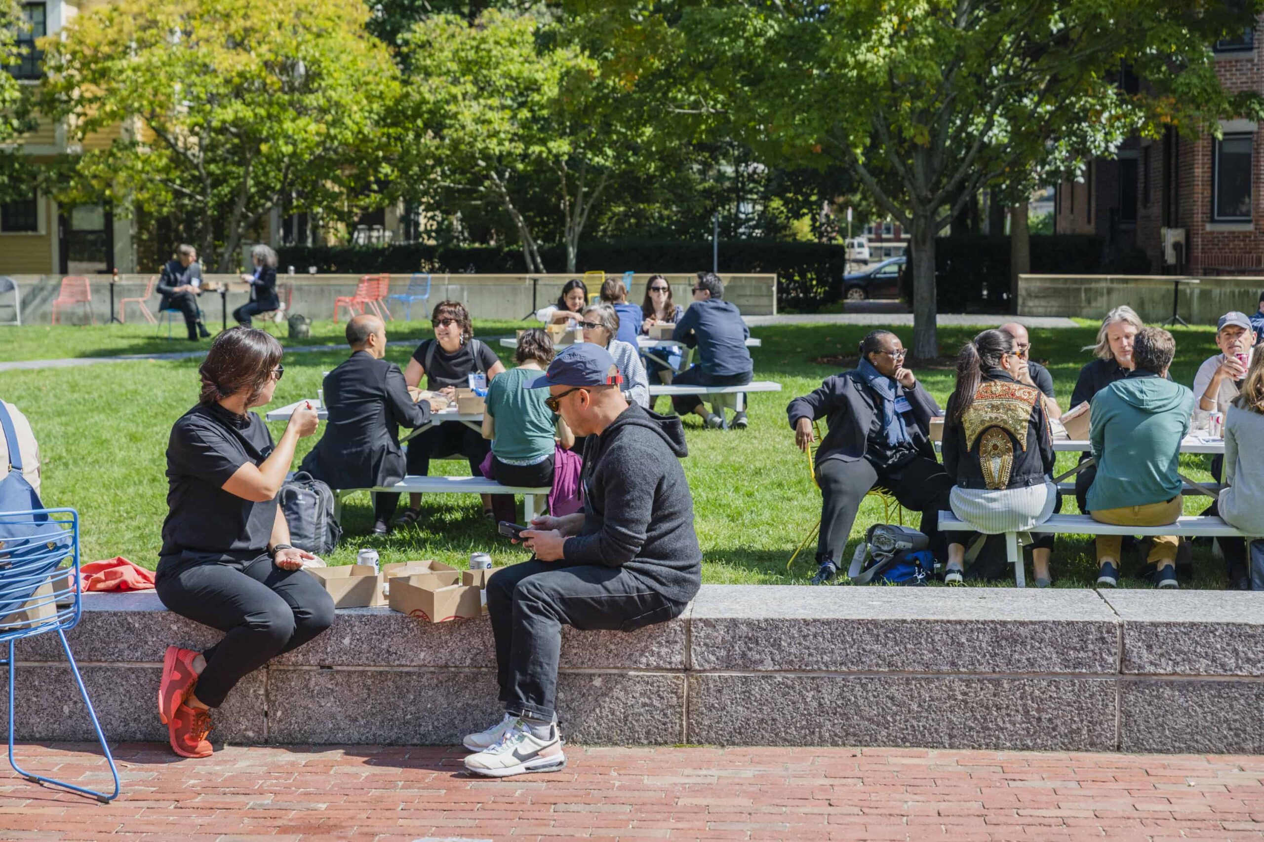 Students and alumin gather on a sunny day in the backyard of Gund Hall