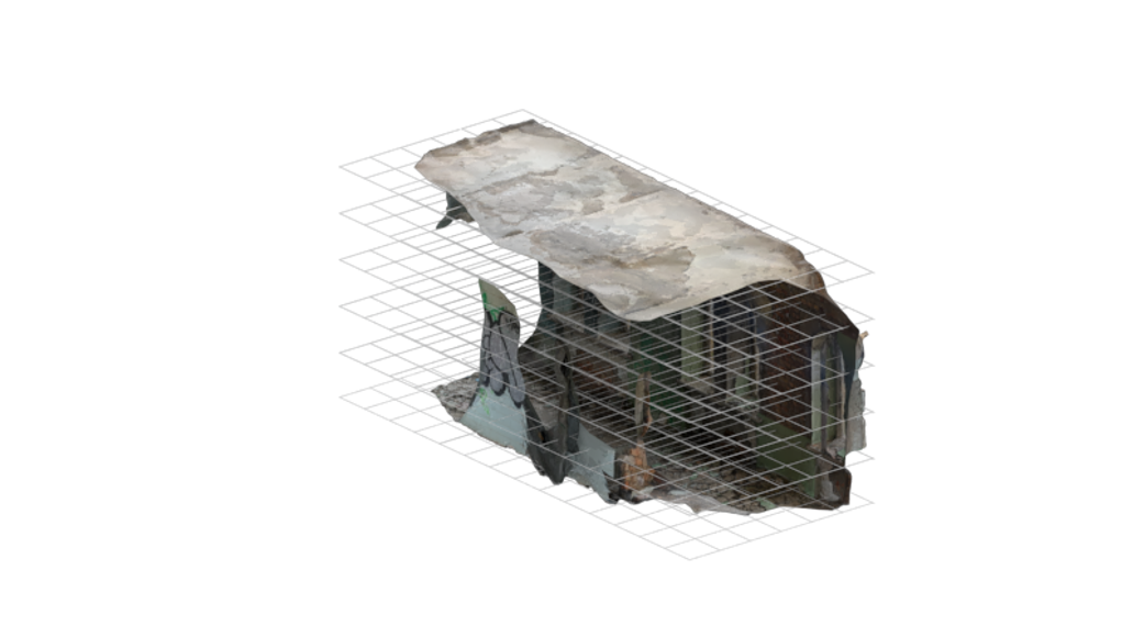 A 3D digital rendering of a building on a grid, possibly for measurement or design purposes.