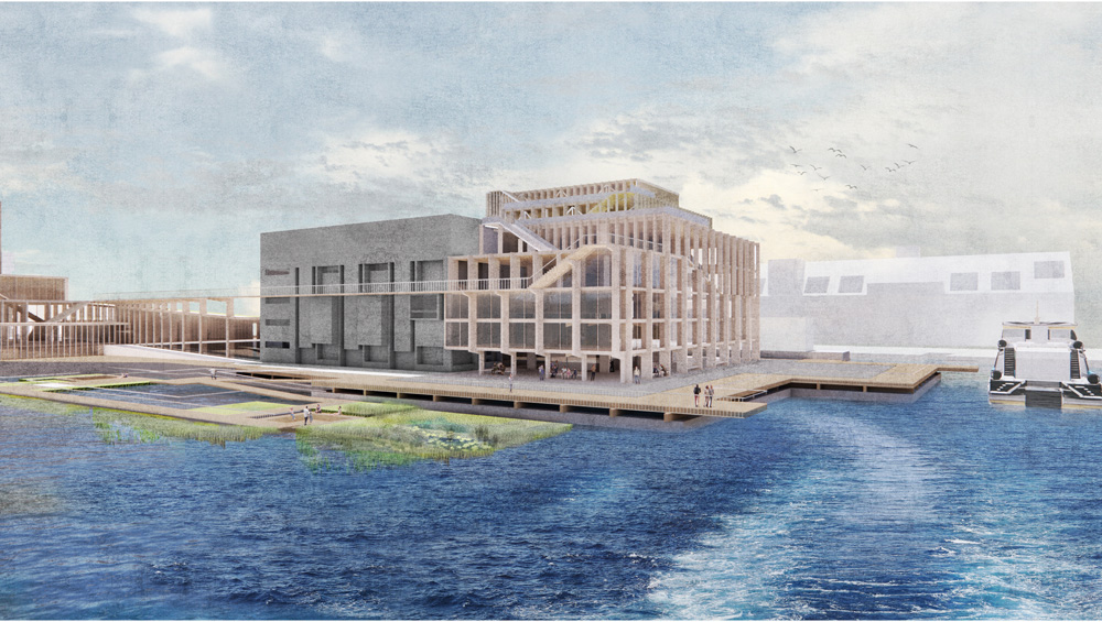 Wooden additions to concrete building on the water.