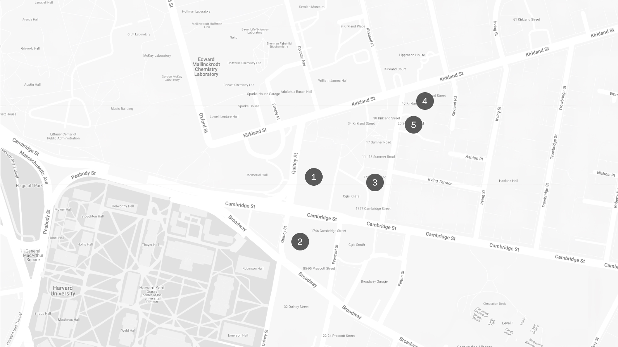 Map of GSD campus with numbered markers pointing out five locations.