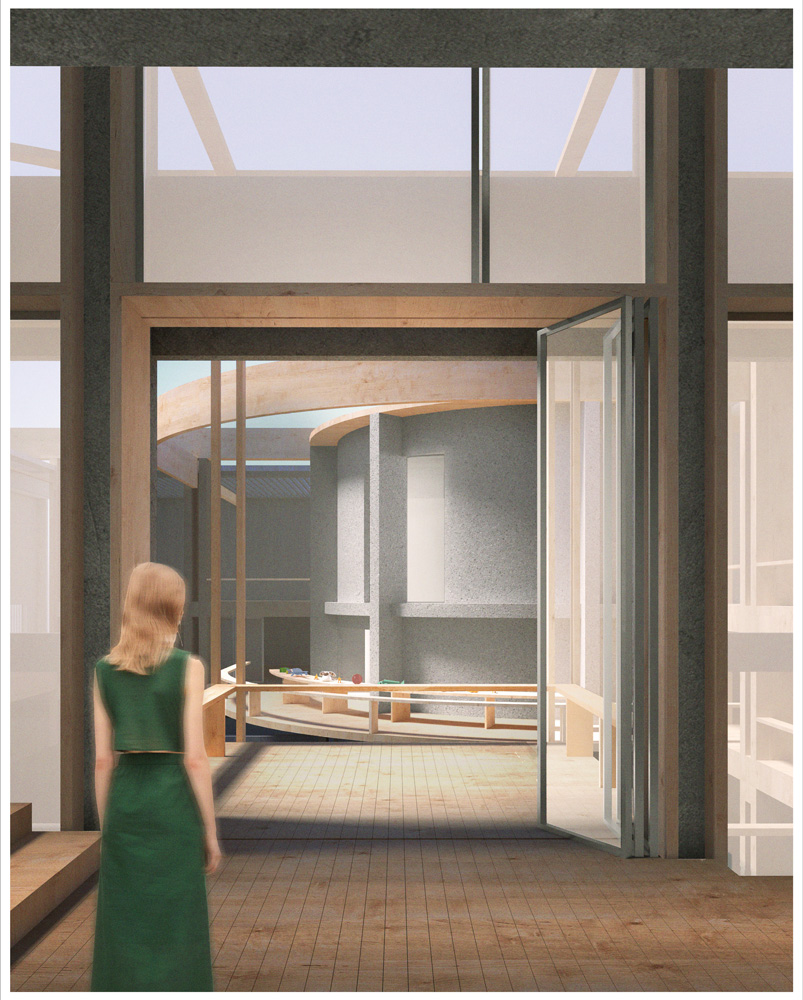 Woman looks through openings to another building.
