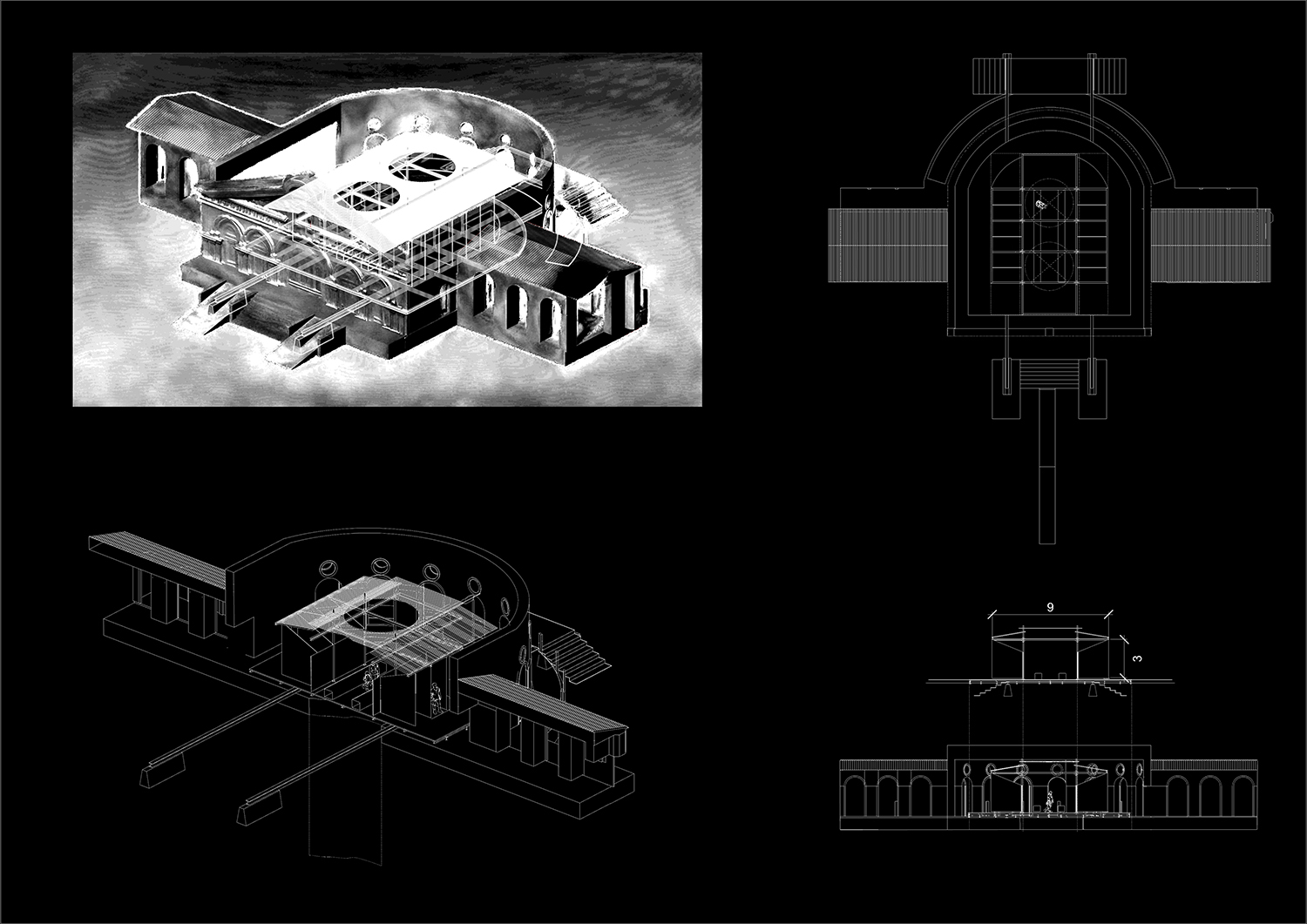 3D model of a building surrounded by abstract black shapes.
