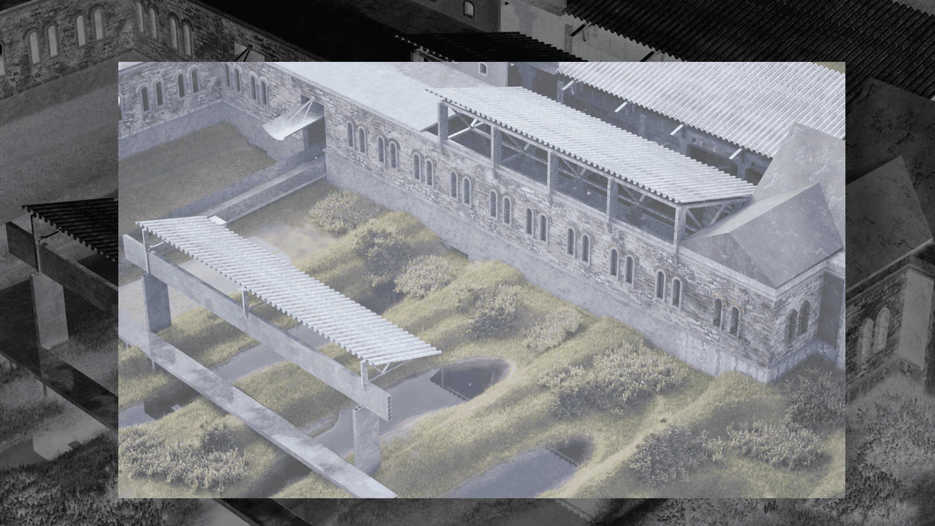 Closeup of graphic of a building with an outside yard area