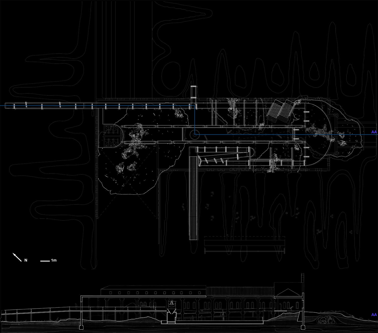 Drawing of a building in white, on a black background