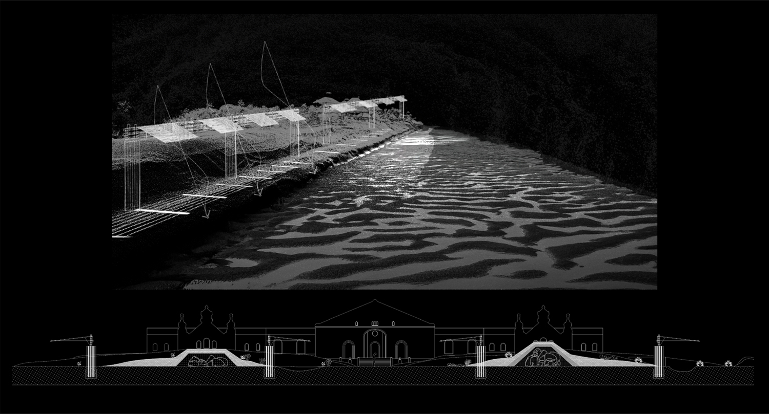 Models of buildings in black and white