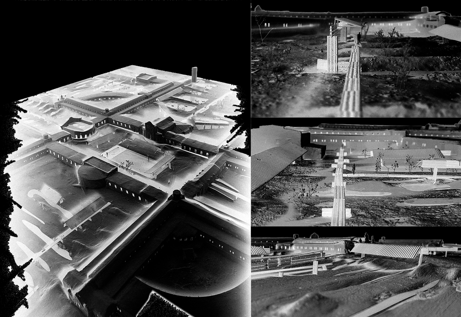 Models of buildings in black and white