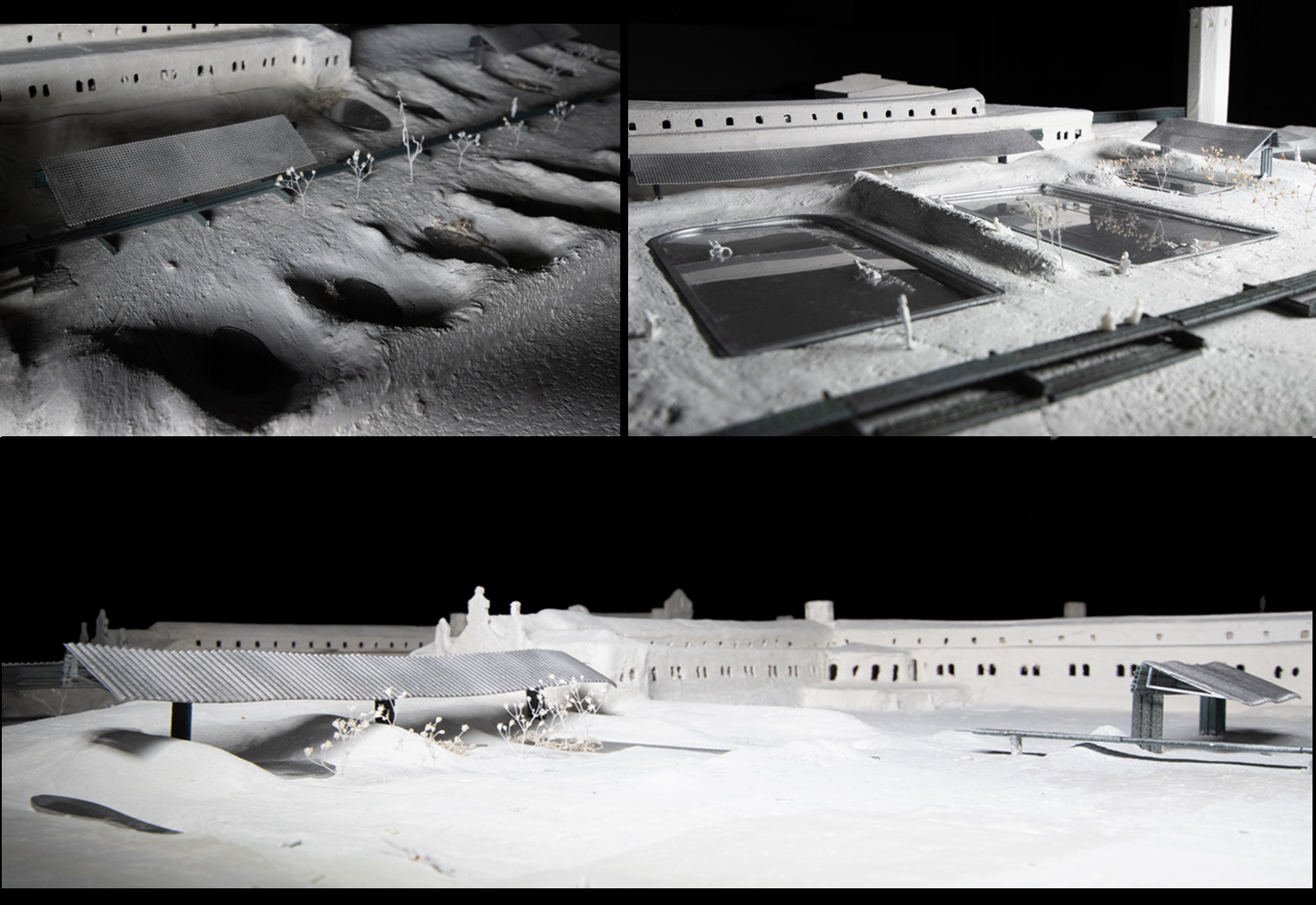 Models of buildings in black and white