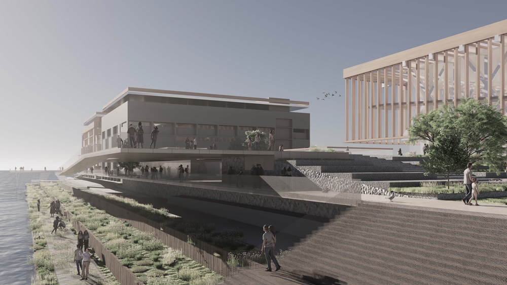 Buildings with elevated plaza and terraced marshlands overlooking the water.