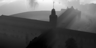Blurry misty photograph of a building