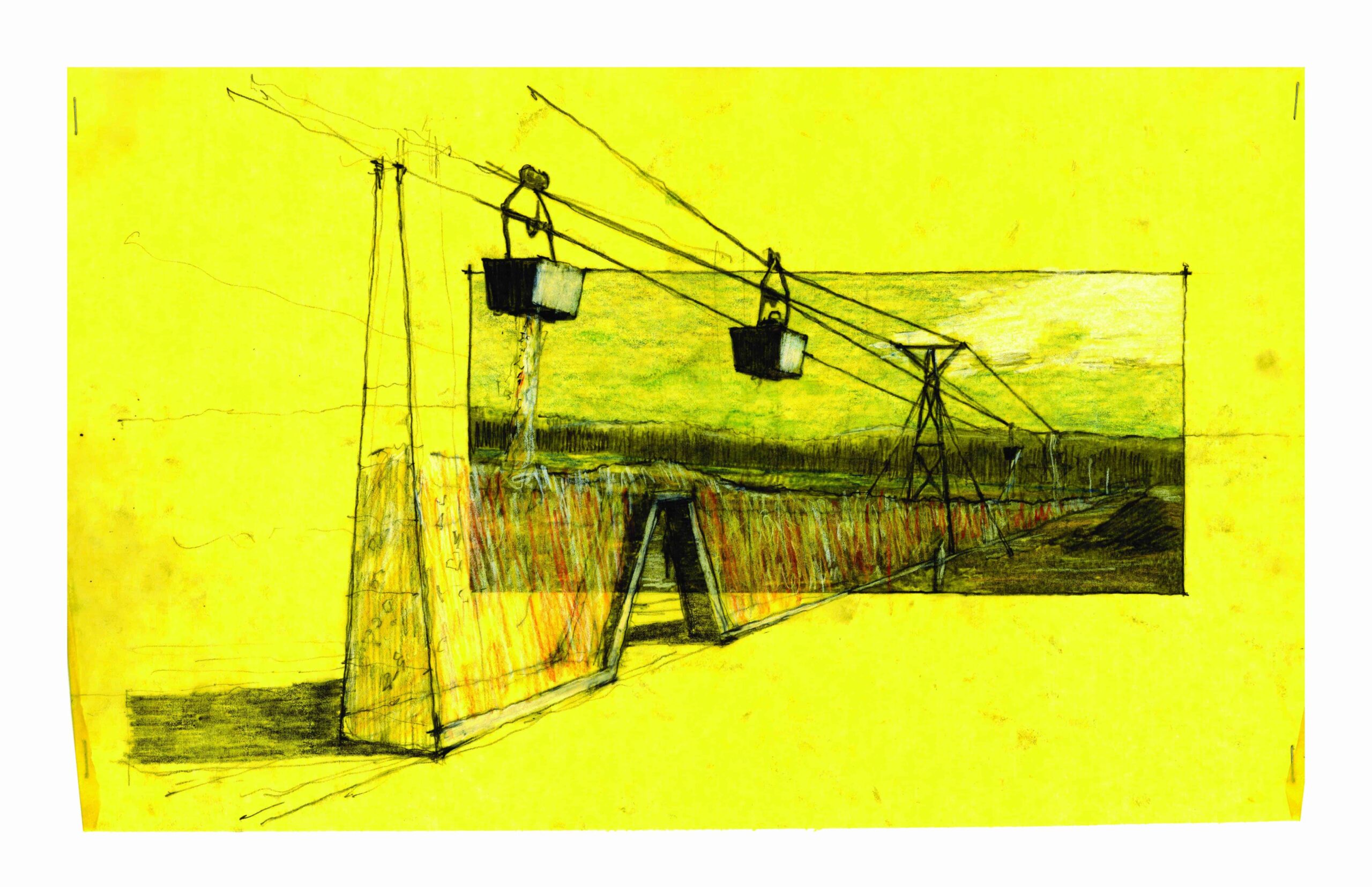 Sketch of a rubble transport system using cable buckets set against a yellow background.