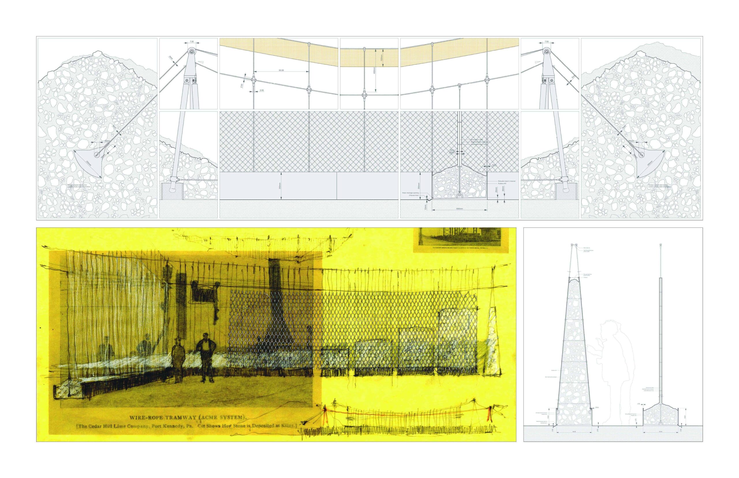 Detailed section drawings and sketches of a mesh structure suspended between gabion mounds with structural annotations.