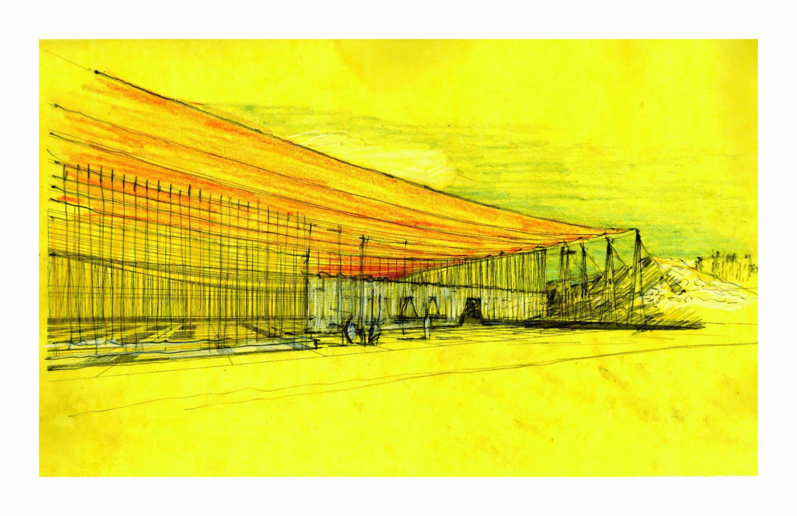 Concept sketch of a linear structure with sloped mesh canopy, set against a yellow background with a sunset gradient.