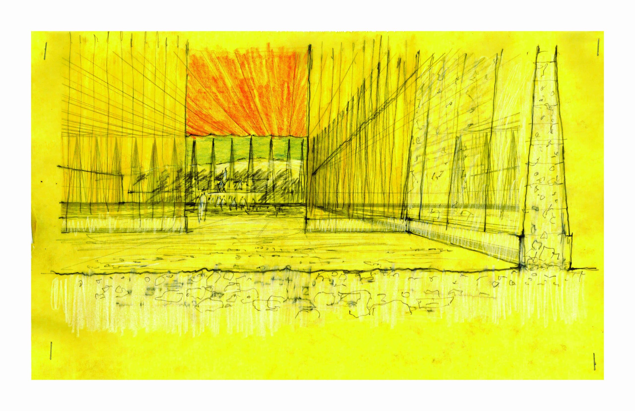 Concept sketch of a linear structure with sloped mesh canopy, set against a yellow background with a sunset gradient.