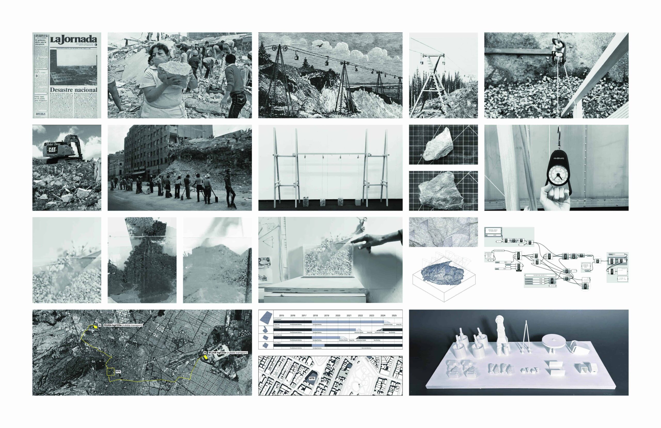 Collage of historical and contemporary photos, diagrams, and sketches analyzing rubble, transport systems, and testing methods.