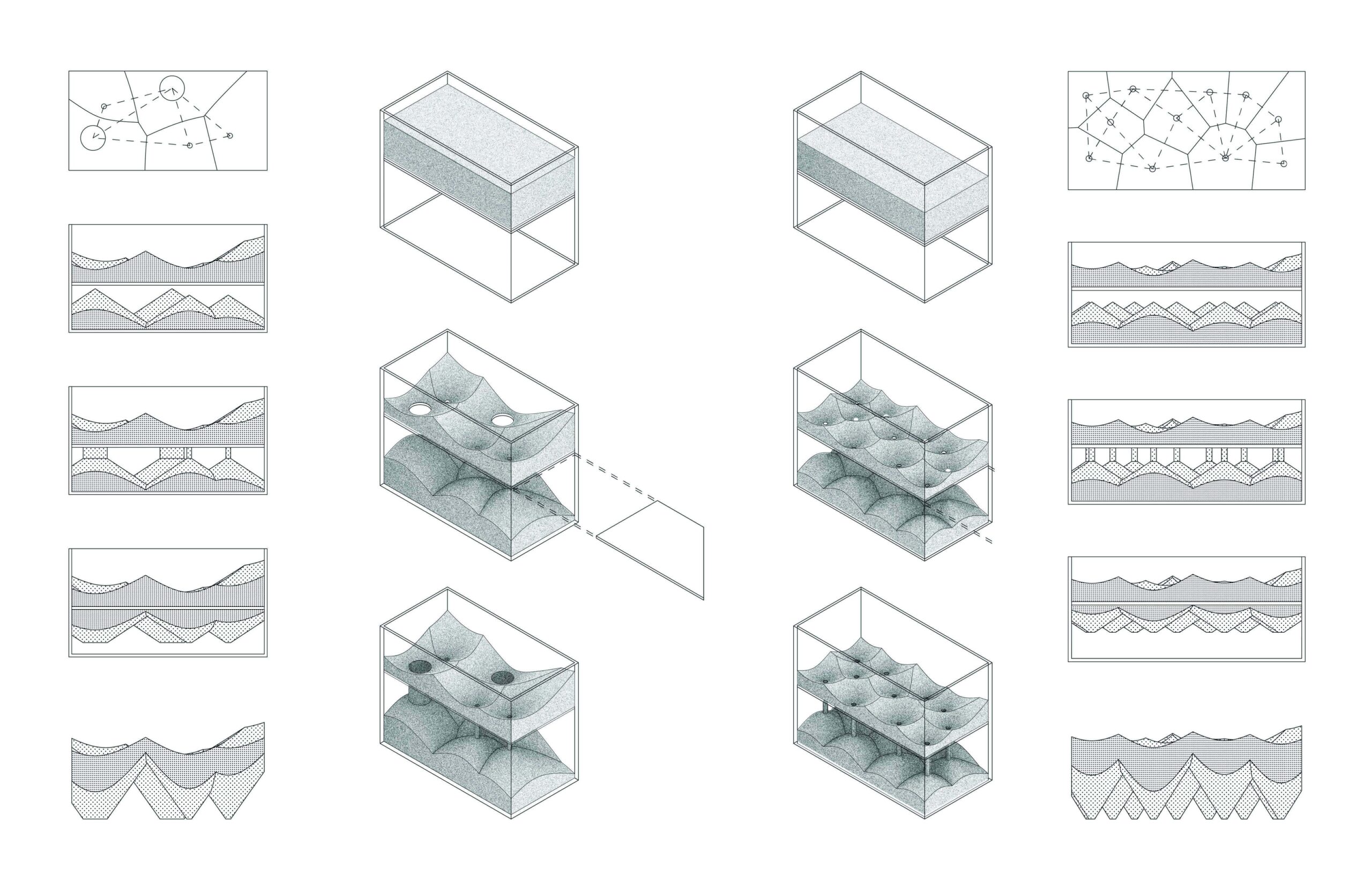 Axonometric and sectional diagrams showing the transformation of surface geometries within stacked rectangular volumes.