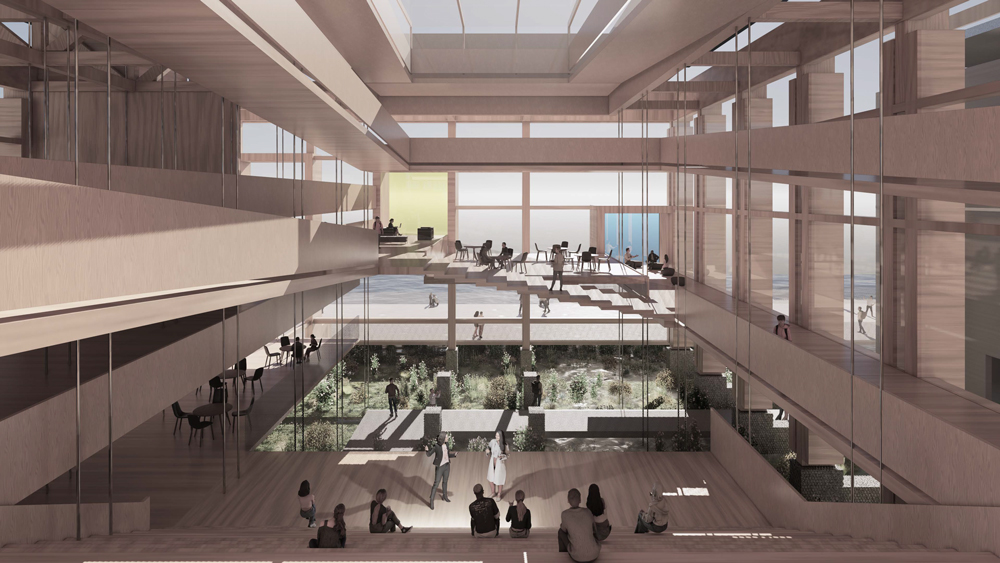 Interior multi-height hall with stairs and seating.