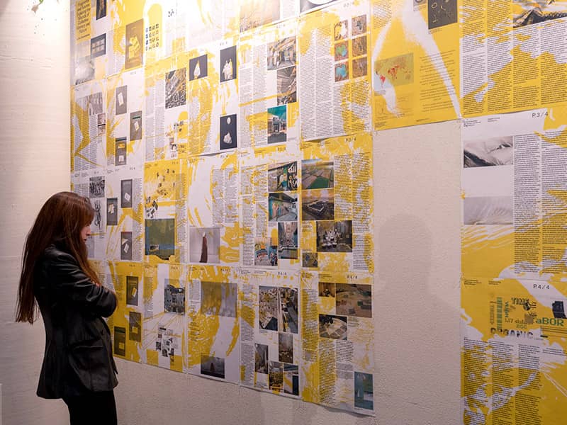 Woman standing in front of wall of posters during a final review.