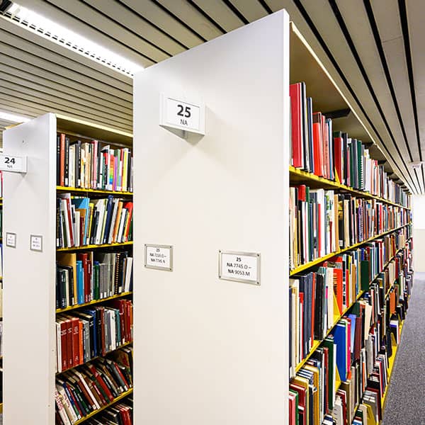 Library shelves.