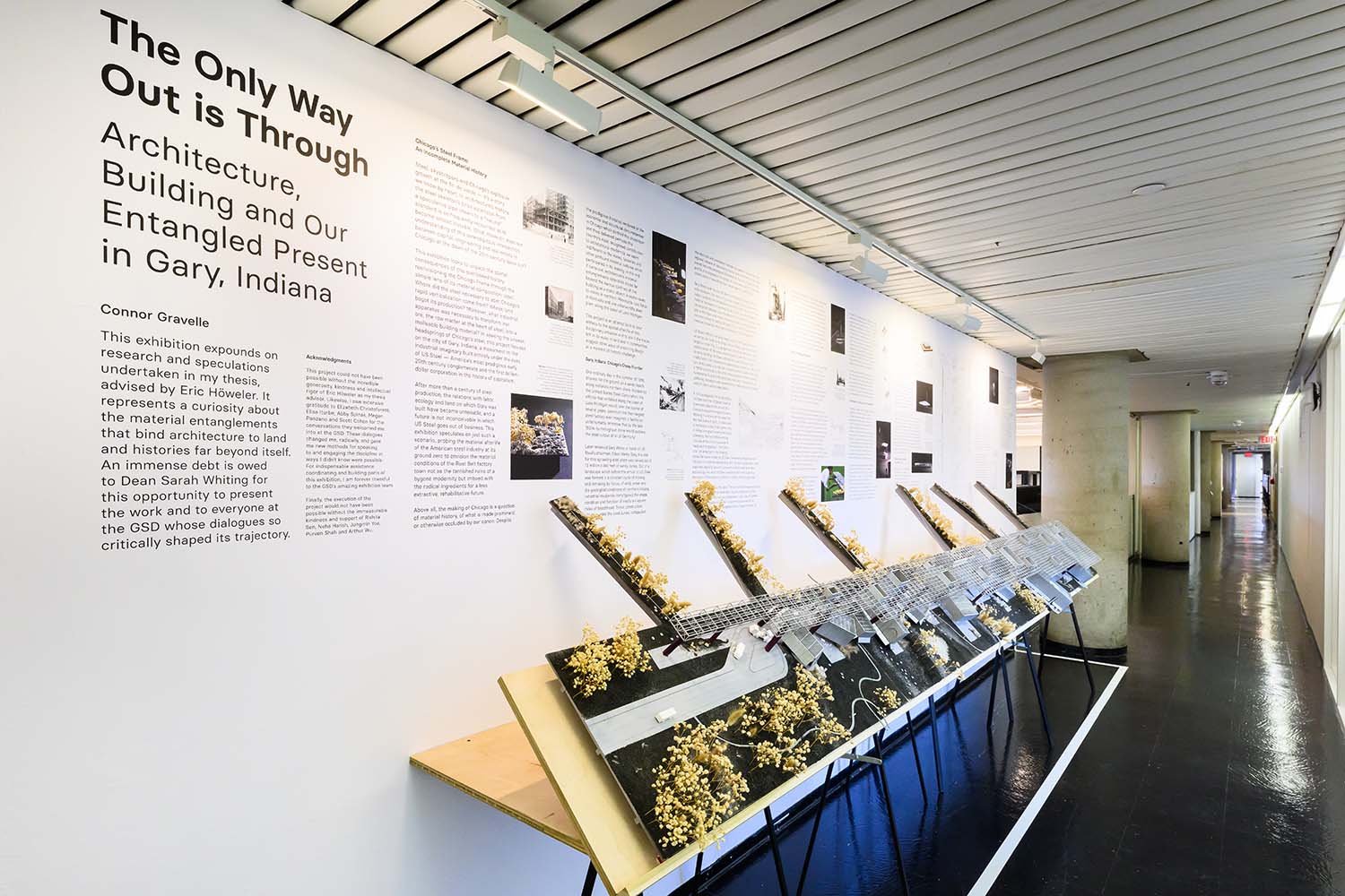 Overview of the exhibition wall of sparse text and images with long tilted model in front of it.