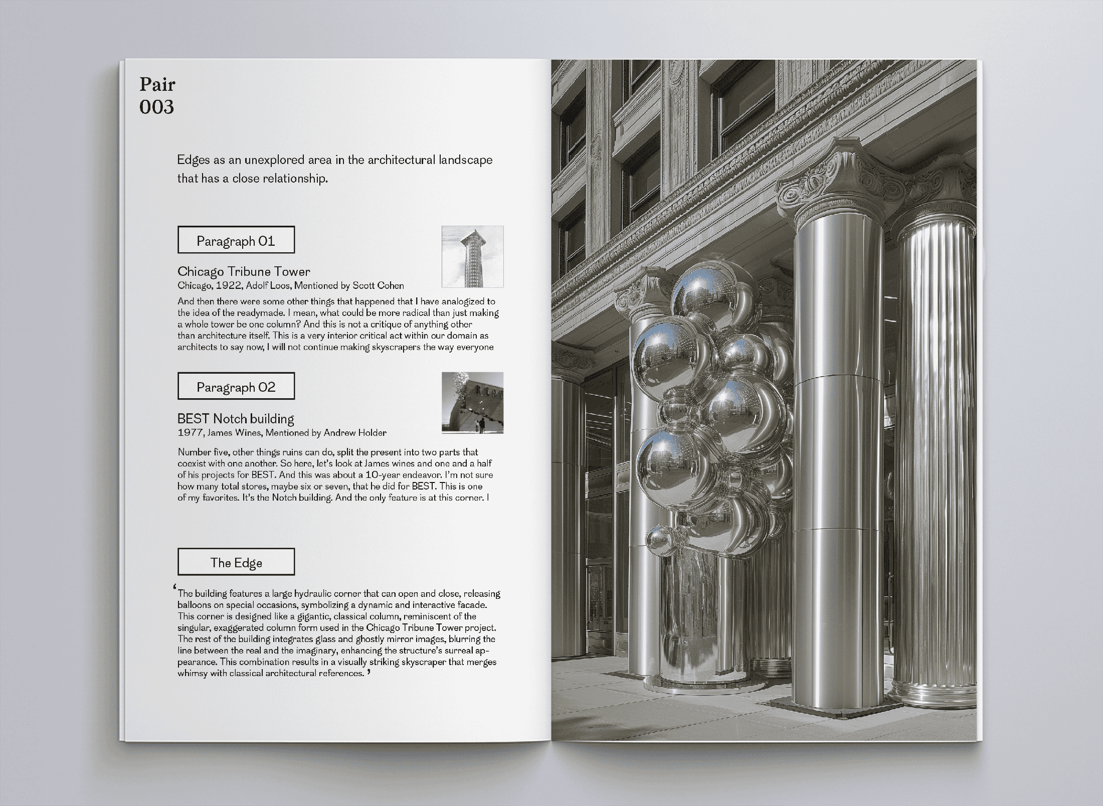 Open book with text and a photo of a building