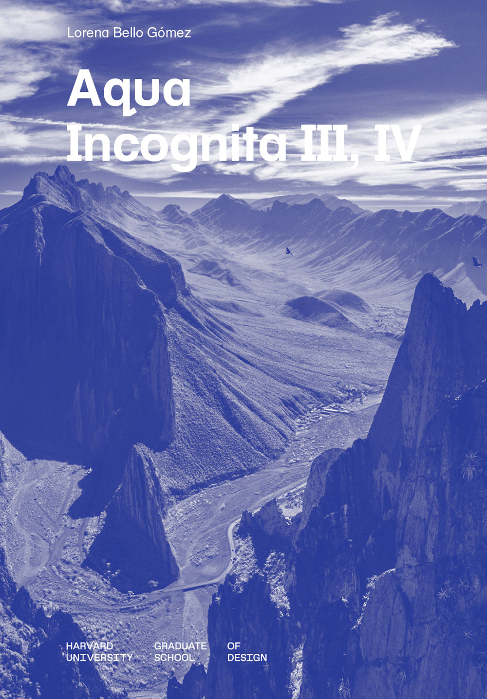 White text that says Aqua Incognita III, IV on top of a blue photograph of mountains