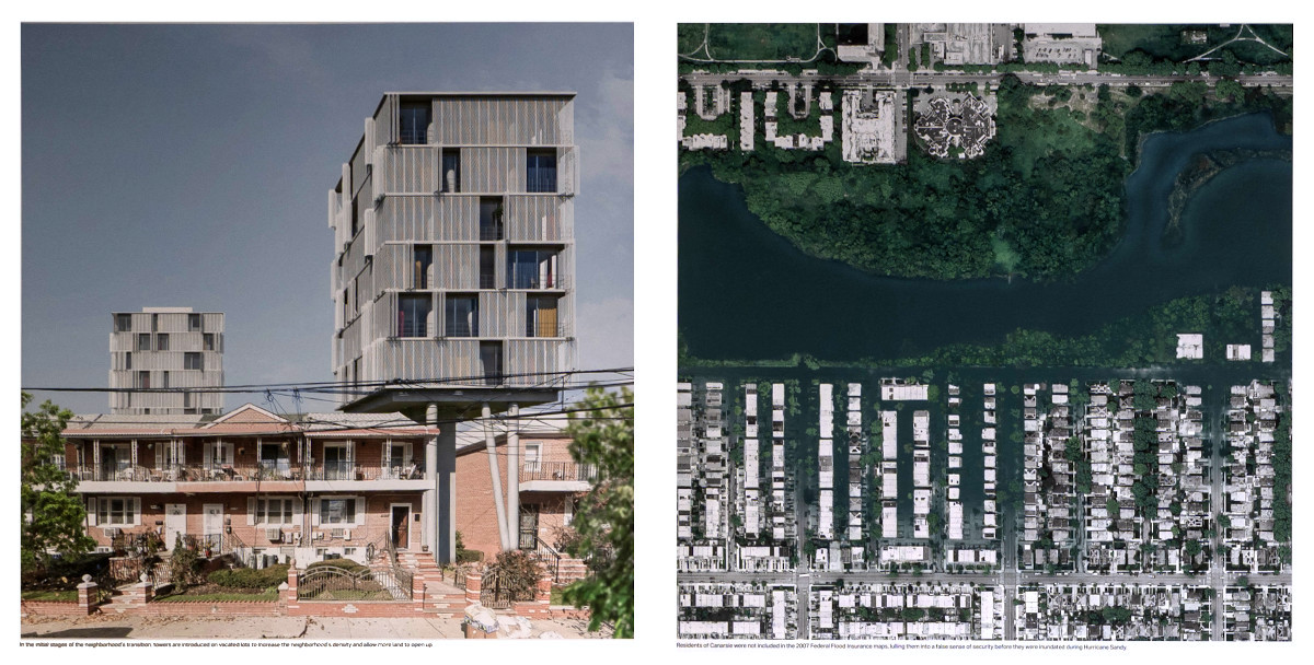 A photo of different size residential housing next to an aerial photo of urban housing along a river.
