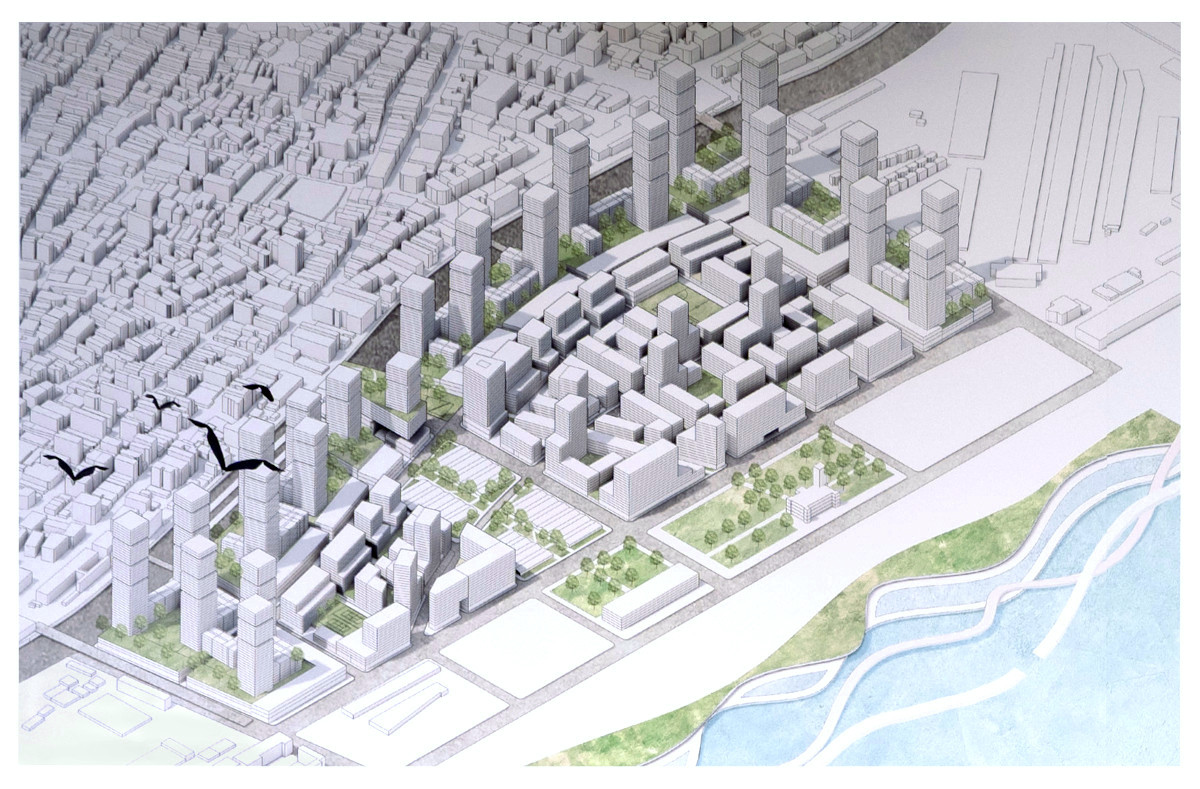 Aerial view drawing of an urban residential complex next to water.