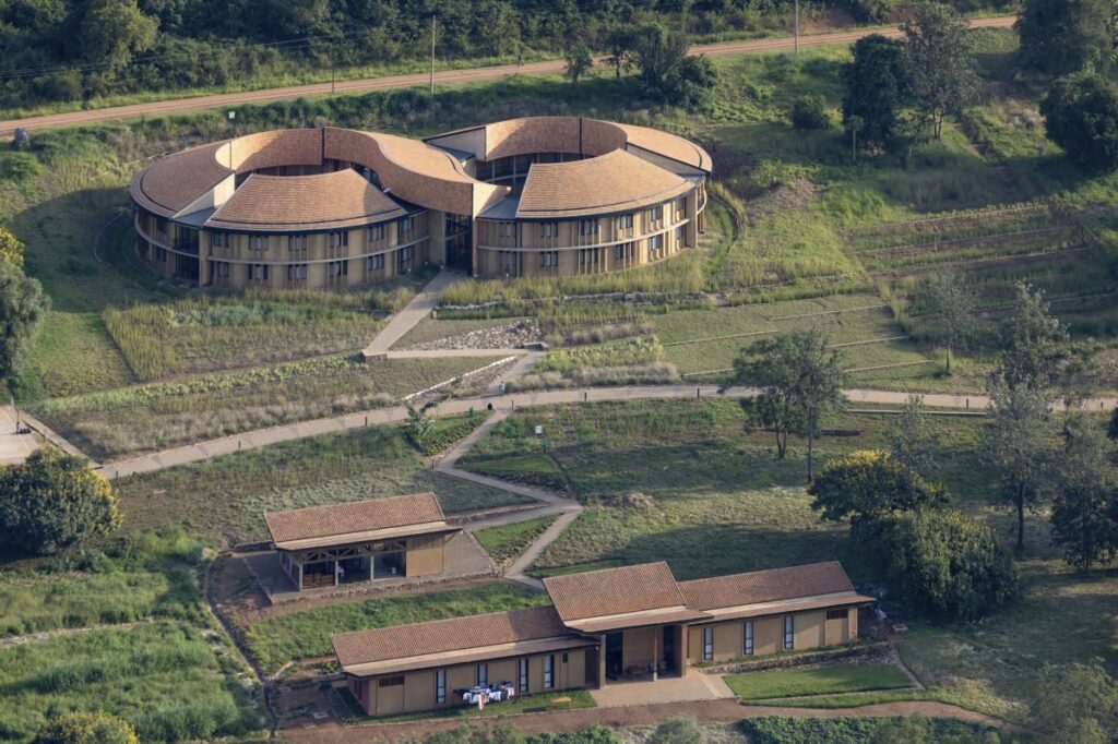 An aerial view of several buildings on the RICA campus in Rwanda.
