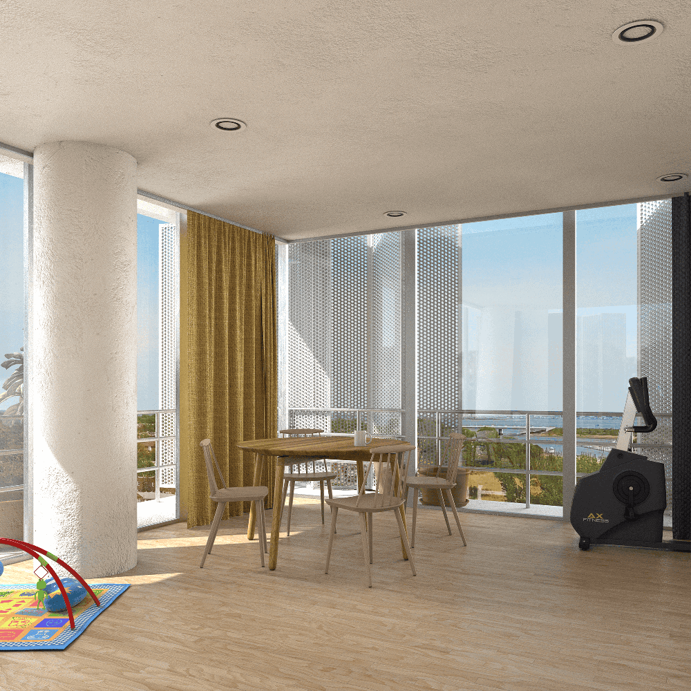 Rendering of a room with columns and large windows