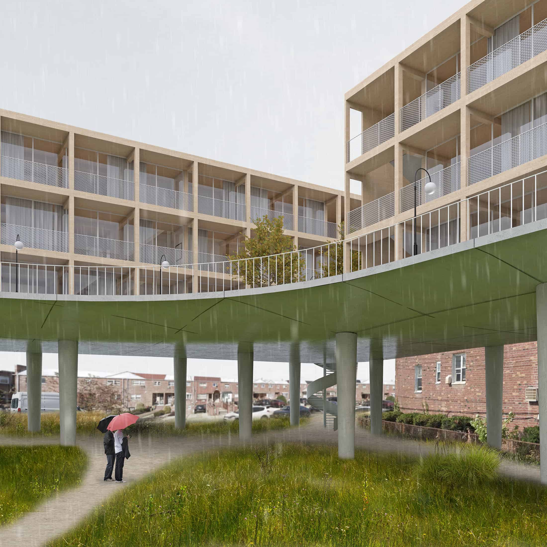 Rendering of an outdoor space with a path that has a roof