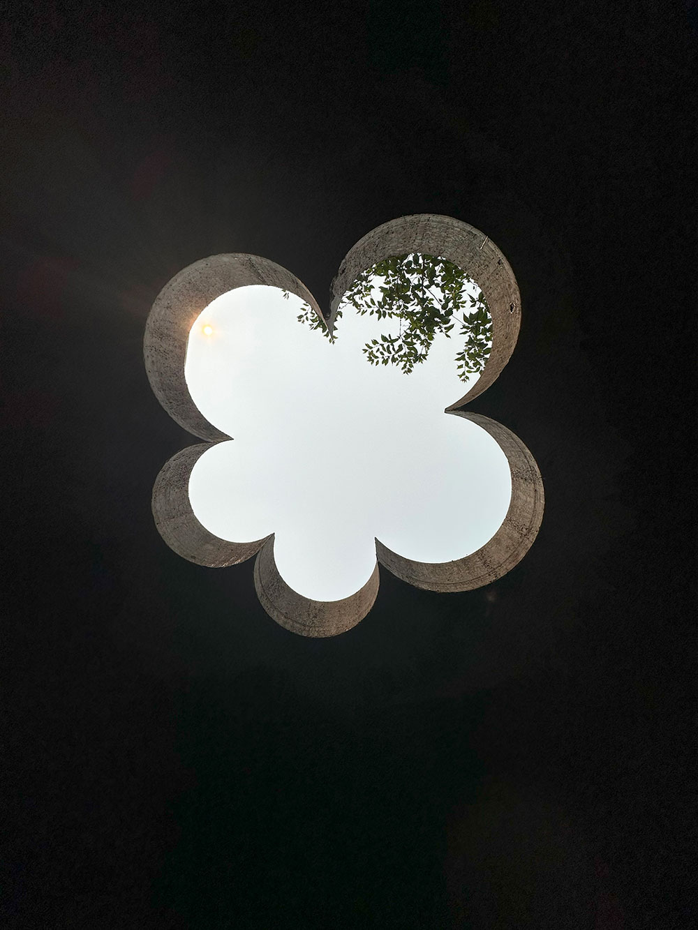 view up from a black, dark space through a flower-shaped hole cut into concrete that shows blue sky and leaves from a tree