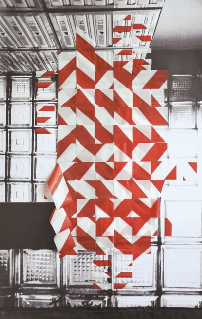 white and red tape hangs to create pattern