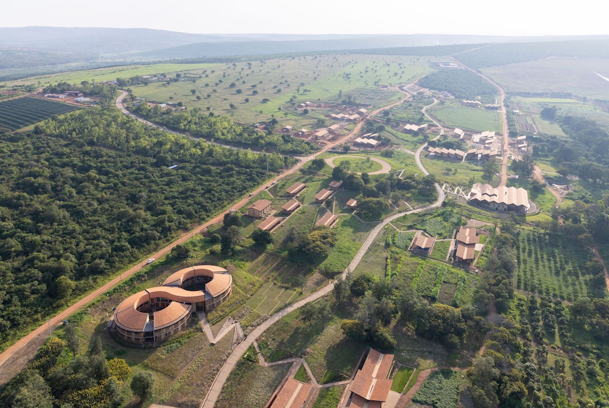 An aerial photograph of the Rwanda Institute for Conservation Agriculture campus in Bugesera, Rwanda.