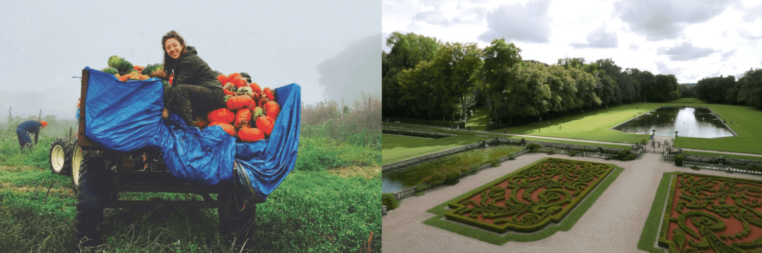 A photo of a student riding a tractor carrying pumpkins through a garden next to a photo of the historic reflecting pool and formal gardens of Courances.
