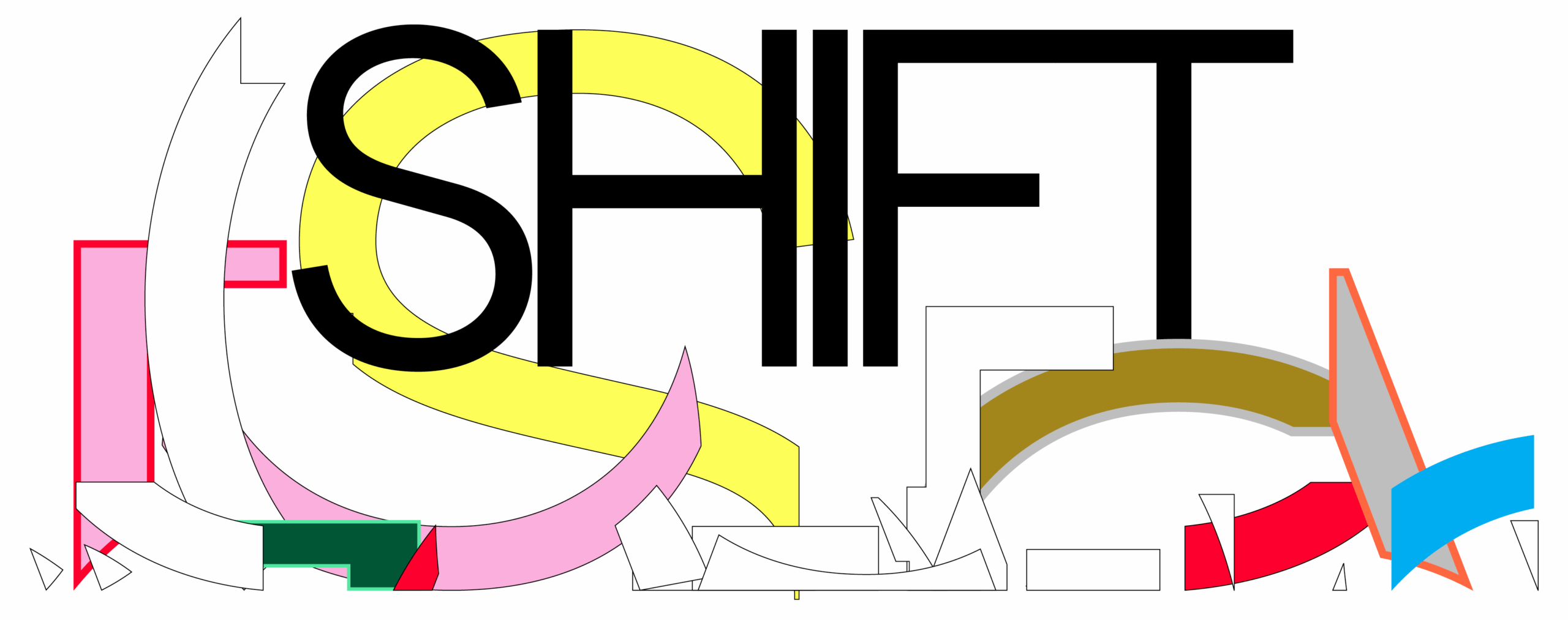 An abstract graphic design featuring the word "SHIFT" in bold black letters, surrounded by colorful, fragmented shapes in shades of red, pink, yellow, green, blue, and orange. The letters and shapes are distorted and scattered, creating a dynamic, modern visual.