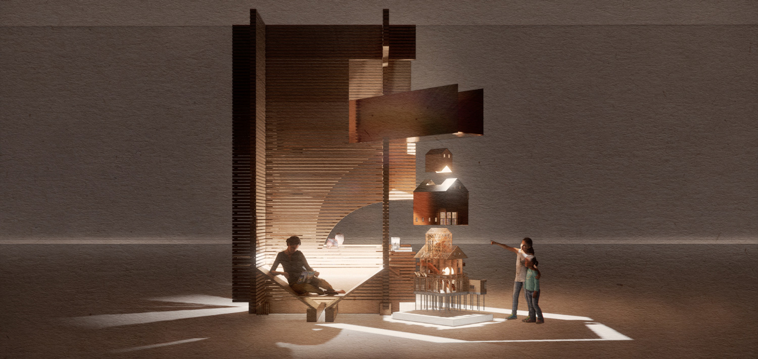 Render of people looking at a light in front of a wall.