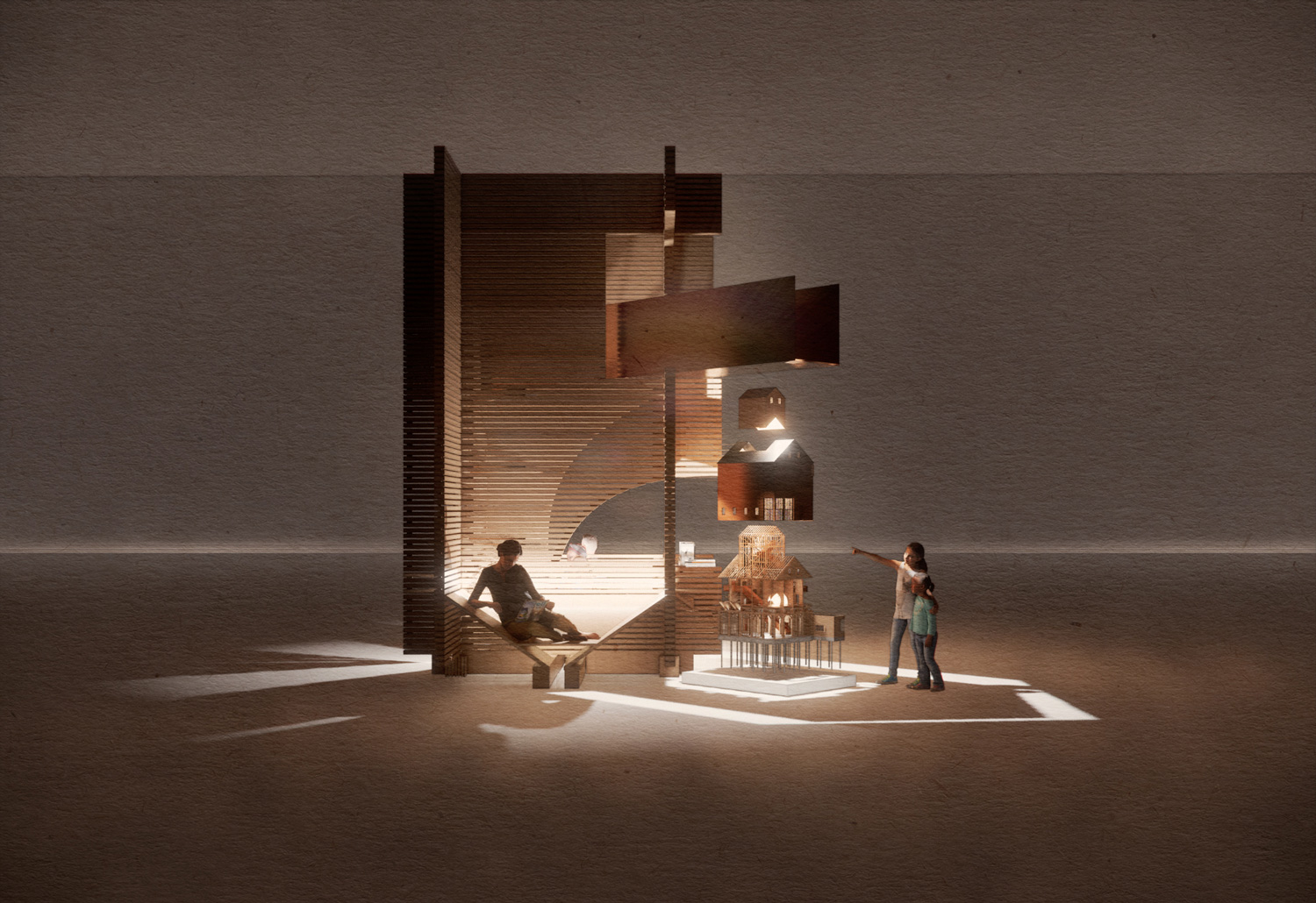 Render of people looking at a light in front of a wall.