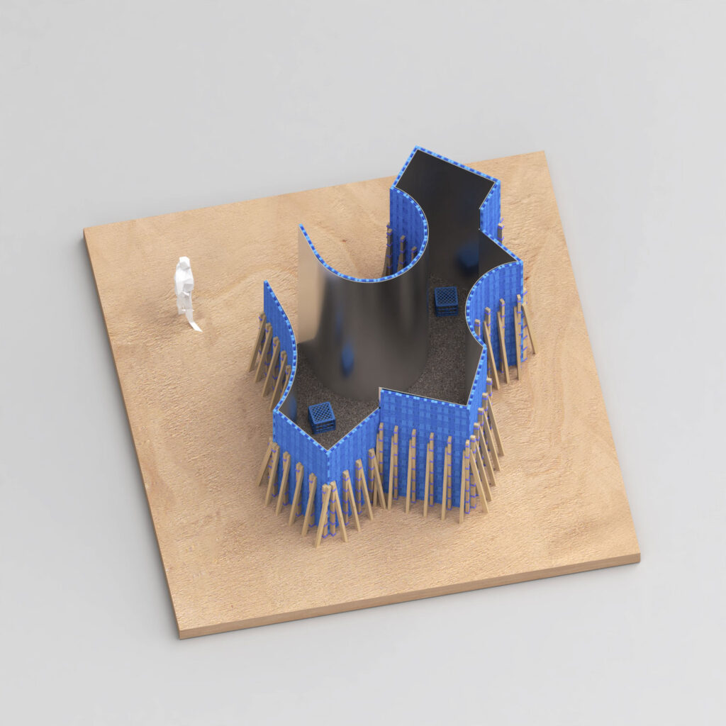 Blue model with wood structure on wood board.
