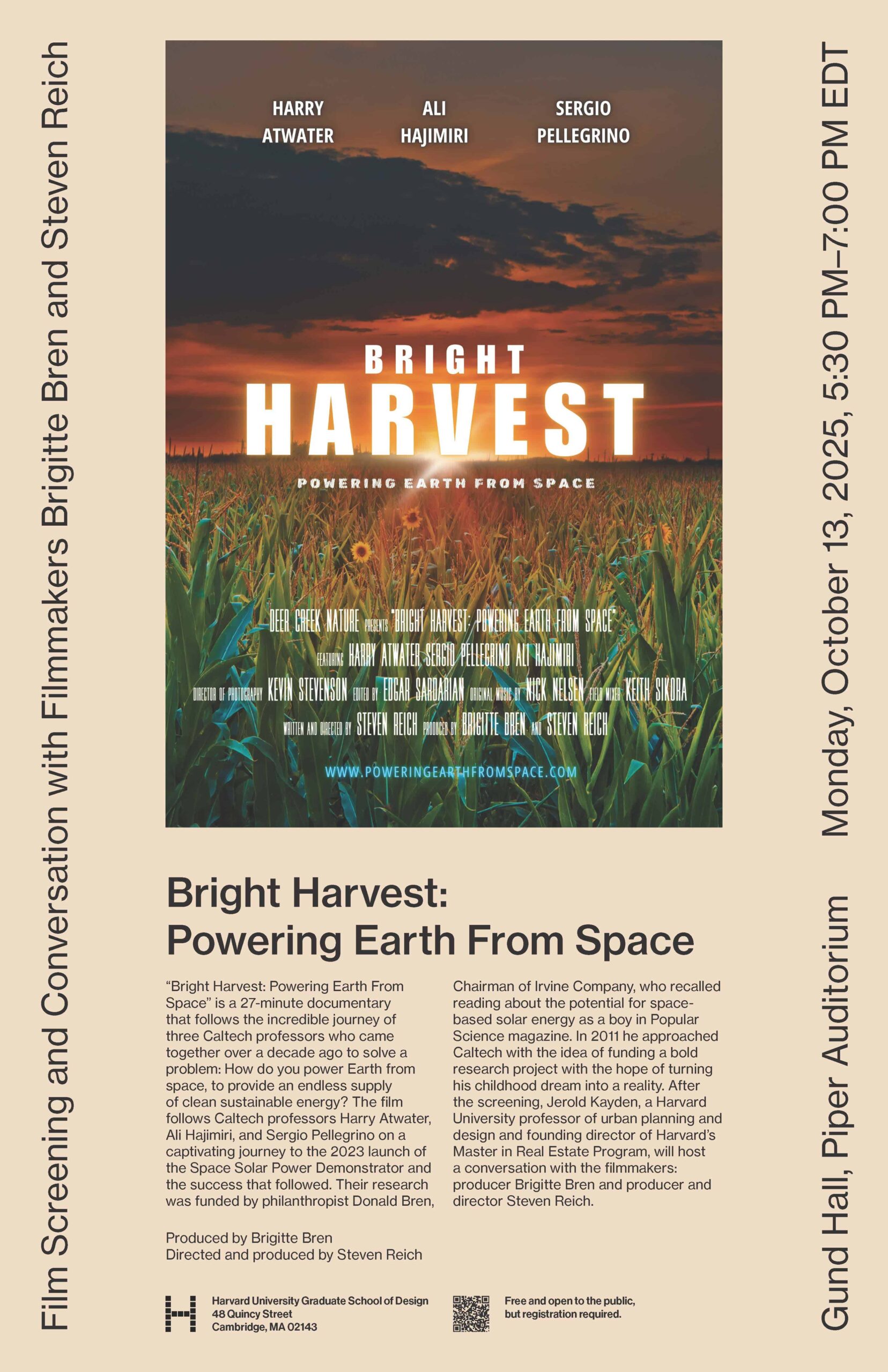 Premiere Film Screening and Conversation | Bright Harvest: Powering Earth  From Space - Harvard Graduate School of Design