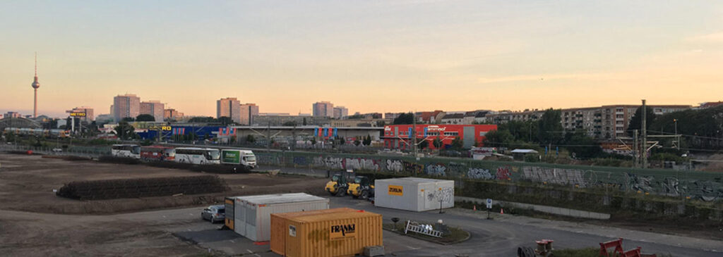 View of industrial urban area at sunset.