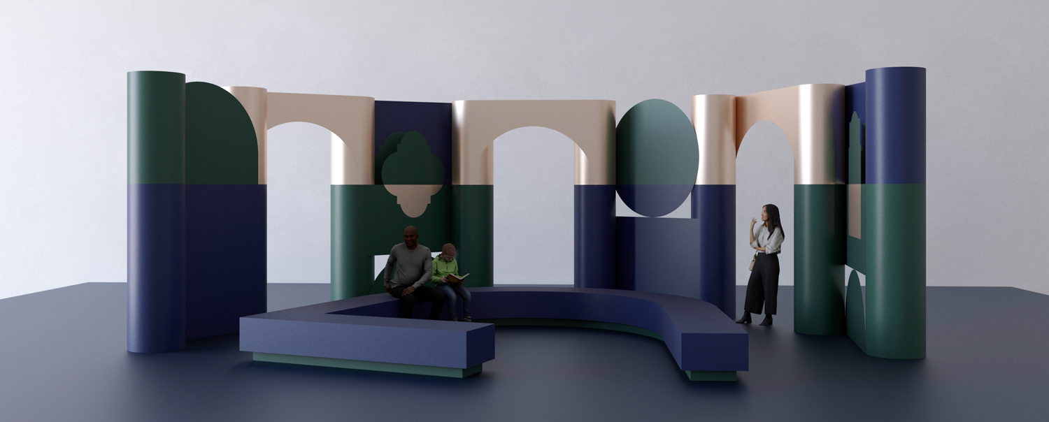Gold, green, and blue render of a stage where people can meet or perform.