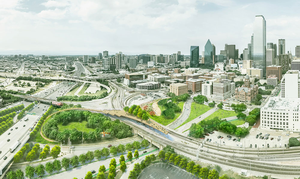aerial rendering of city with greenery and roadways.