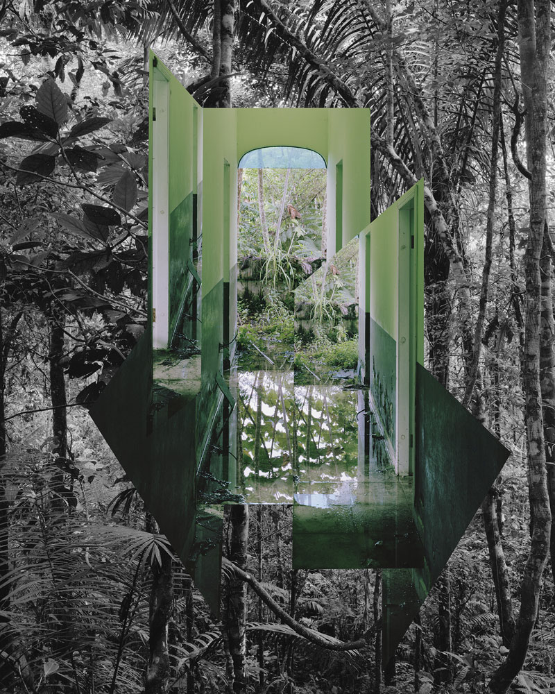 Jungle with crystal-like fragments of sticking through the greenery.