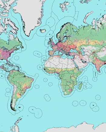 A color coded world map showing climate change metrics.